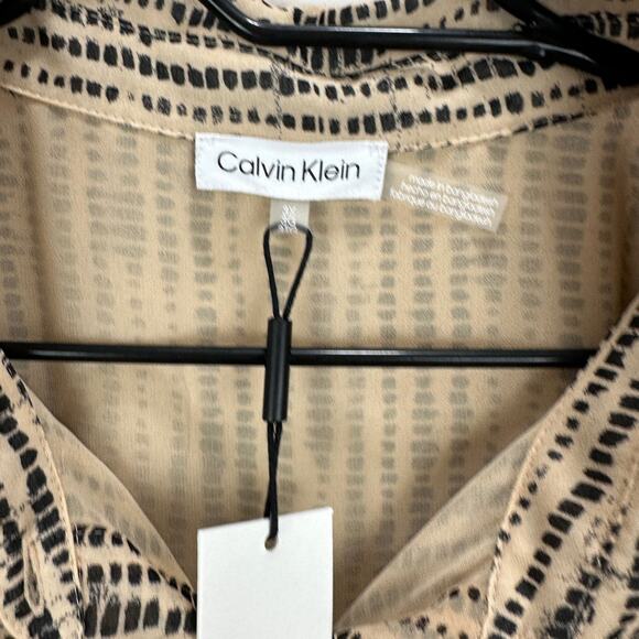 Calvin Klein Blouse Printed Chiffon Collared Button Up Beige Lightweight 3X NWT - Picture 5 of 12